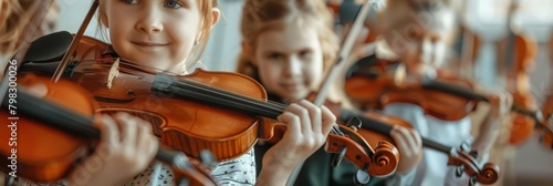 Children in a music class hold violins, the room filling with the tentative strings of their first concert, draw concept photo