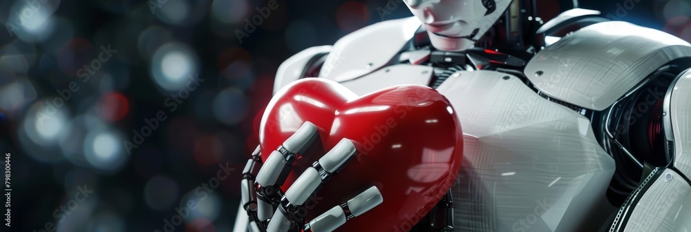Fototapeta premium Design a futuristic white robot cradling a red heart in its hands, emphasizing themes of love, relationships, and the future