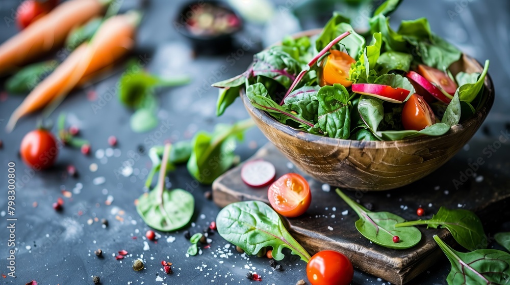 Garden Fresh Spinach Salad, Colorful Vegetables, Healthy Eating Concept Garden Fresh Spinach Salad, Colorful Vegetables, Healthy Eating Concept