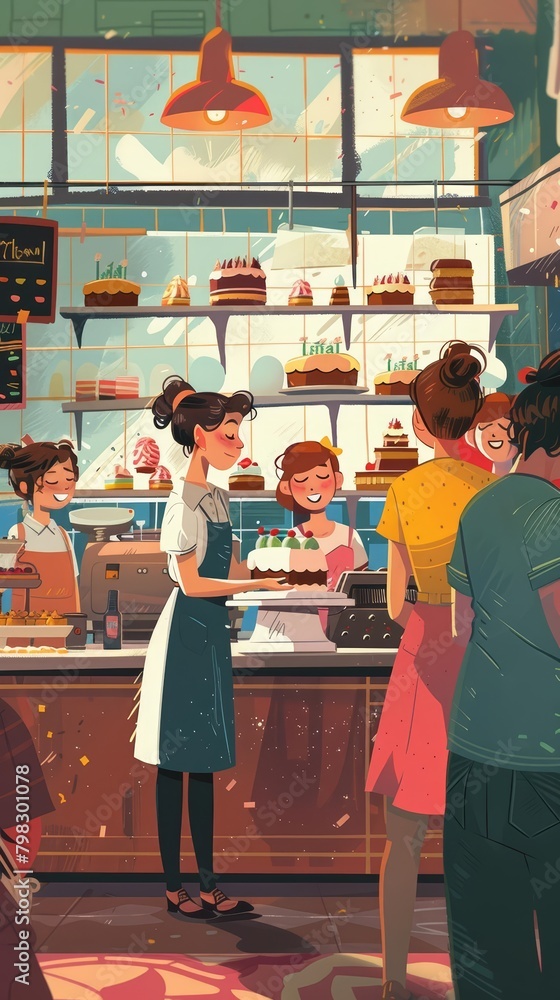Inside a bustling, retro cartoon bakery, a baker pulls a perfect birthday cake out of the oven, its animated aroma wafting through the air, attracting a line of eager customers with wide smiles