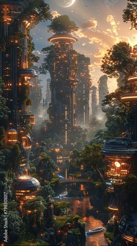 futuristic city with green vegetation and a river running through it
