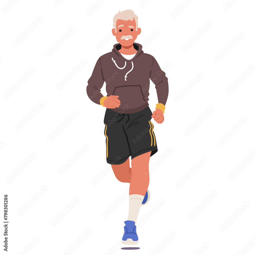 Aged Male Character Jogging. Silver-haired Gentleman Strides Steadily Along The Path, Proving Age Is No Barrier