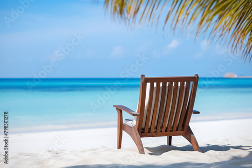 A pair of wooden lounge chairs facing the calm  turquoise sea on a pristine white sand beach under a clear blue sky - Generative AI