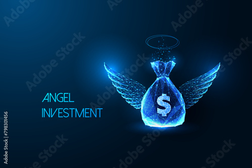 Angel investment, financial support, growth opportunitiy futuristic concept with money bag and wings