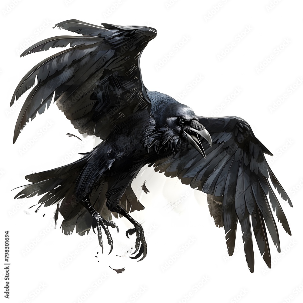 Naklejka premium flying Raven on White Background
