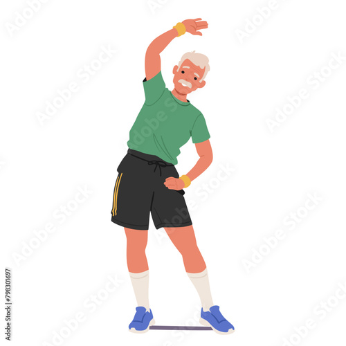Elderly Man In Sportswear Is Stretching, Old Fit Male Character Do Bends Embodies An Active, Healthy Lifestyle