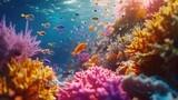 A vibrant and colorful image of a school of tropical fish darting among coral structures, representing the beauty and diversity of marine life on World Reef Awareness Day.