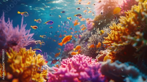 A vibrant and colorful image of a school of tropical fish darting among coral structures  representing the beauty and diversity of marine life on World Reef Awareness Day.