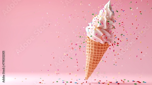 Soft Serve Ice Cream Cone with Sprinkles, Delightful Dessert, Pink Background