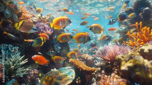 A vibrant and colorful image of a school of tropical fish darting among coral structures, representing the beauty and diversity of marine life on World Reef Awareness Day.