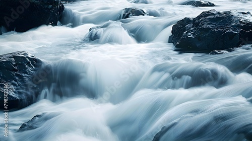 The camera zooms in on a rushing river, capturing the silky smooth flow of water cascading over rocks and boulders in long exposure landscape photos, creating a sense of tranquility and motion