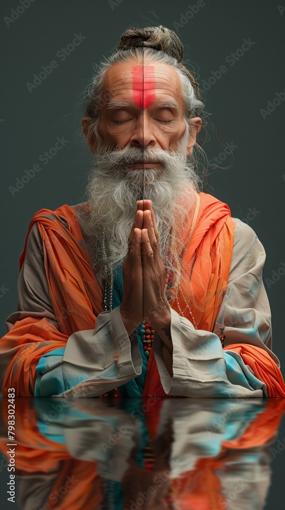 Elderly man with traditional face markings meditates in a serene setting, representing concepts of buddhism, hinduism, tranquility, and spiritual awakening through yoga practice Elderly man with traditional face markings meditates in a serene setting, representing concepts of buddhism, hinduism, tranquility, and spiritual awakening through yoga practice