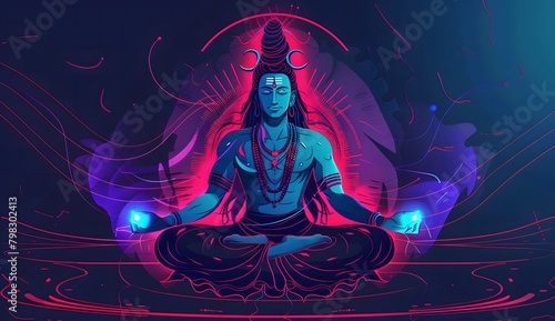 Shiva Meditating in Colorful Illustration with Epic Lighting