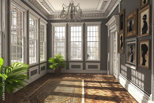 3D Victorian Salon with Shadow Grey Brocade Walls, Gasolier Chandelier, and Wilton Carpet photo