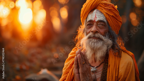 Indian saghu, guru, sage, saint, Shivaite in orange clothes on the background of the sunset photo