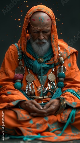 Serene portrait of a spiritual master immersed in meditation, adorned with symbols of hinduism and buddhism, evoking a sense of peace, spirituality, and deep contemplation against a dark background