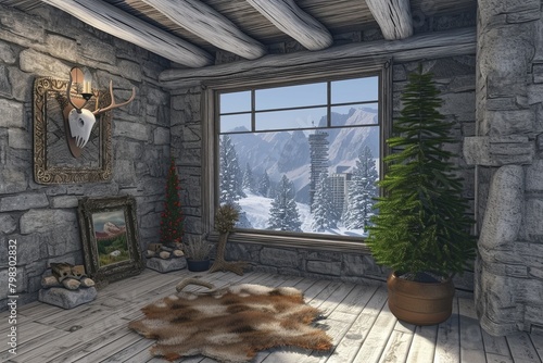3D Alpine Lodge Design: Mountain Stone Walls, Antler Light, Potted Fir, Bearskin Rug & Snow-Capped City View photo