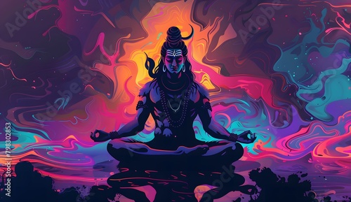 Shiva Meditating in Colorful Illustration with Epic Lighting photo