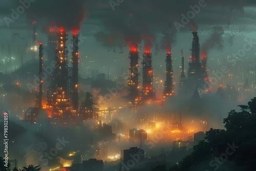 Towering Fossil Fuel Refineries Shrouded in Hazy,Muted Chiaroscuro Lighting during Industrial Revolution Era