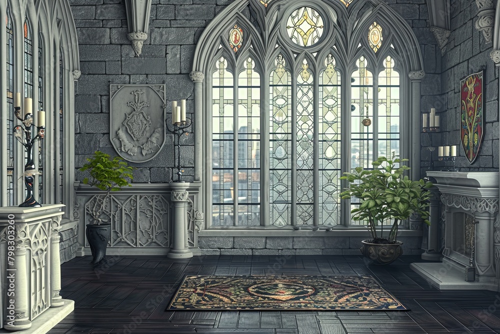 3D Gothic Study Slate Grey Walls, Wrought Iron Candelabra & Stained