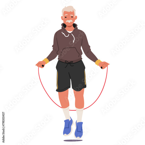 Aged Man in Sneakers And Sportswear Jumping A Jump Rope. Elderly Male Character Movements Steady Yet Nimble