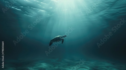 A tranquil and meditative underwater landscape, featuring a lone sea turtle gliding gracefully through the water, representing the peace and serenity of  © Ammar
