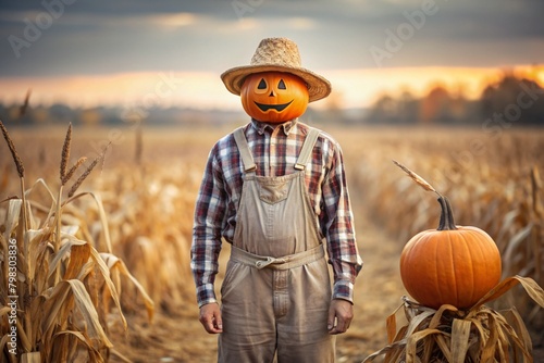 The concept of the Halloween holiday. Horror. Fear. A scary scarecrow with a pumpkin for a head  in a plaid shirt and a bow tie. Banner  postcard.