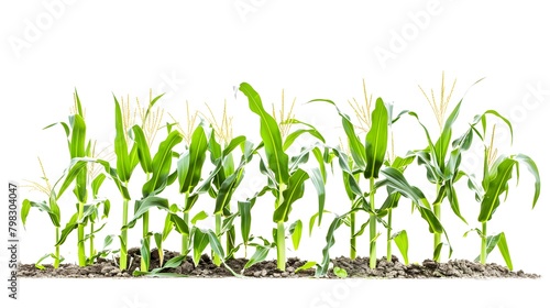 Corn plant isolated on a white background with clipping paths for garden design. A popular grain crop that is used for cooking or processing as animal food. Agriculture industry is growing today. 