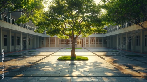 A tranquil scene of a school courtyard with a tree in the center, symbolizing growth and knowledge, in alignment with the spirit of Teacher's Day. photo