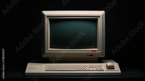 Vintage Computer with CRT Monitor, Keyboard, and Mouse on Black Background.