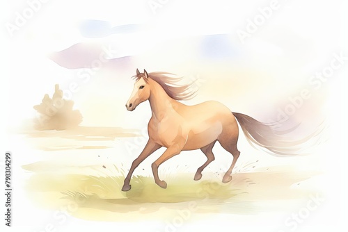 A horse is running in a field with a cloudy sky in the background