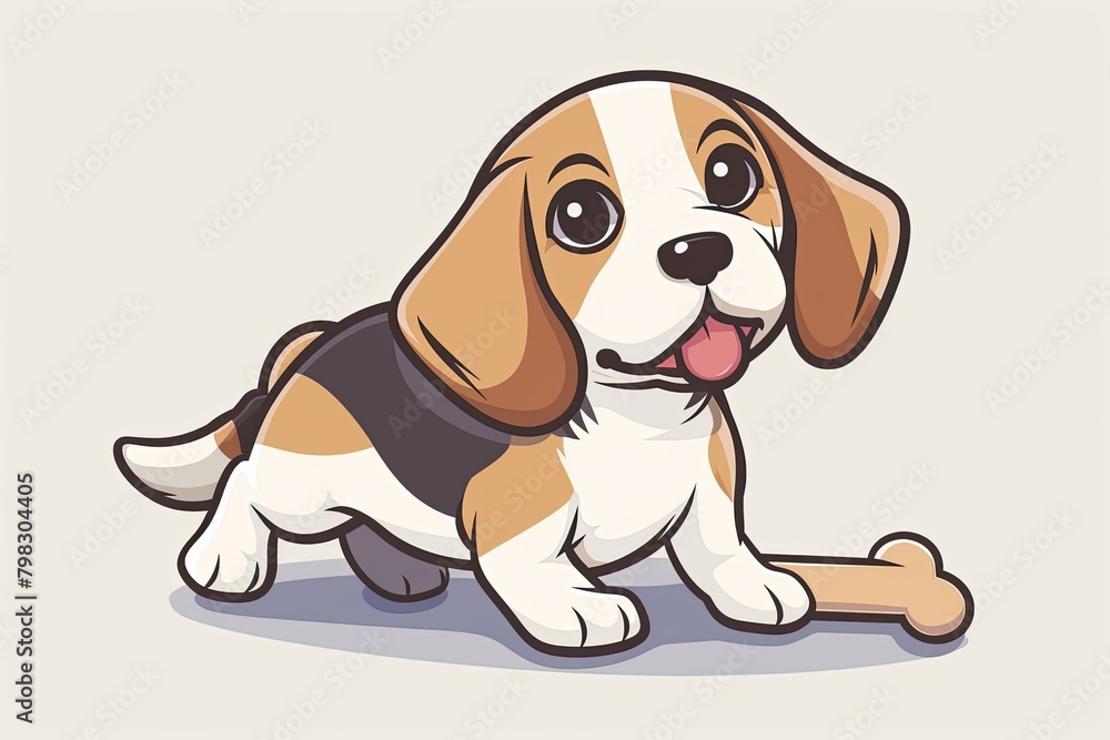 Beagle Puppy Cartoon with Bone: Vector Drawing of a Lovable Pet Animal