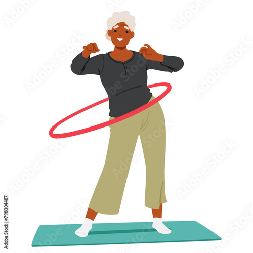 Elderly Woman Is Gracefully Hula Hooping On A Yoga Mat, Showcasing Her Balance And Flexibility, Vector Illustration