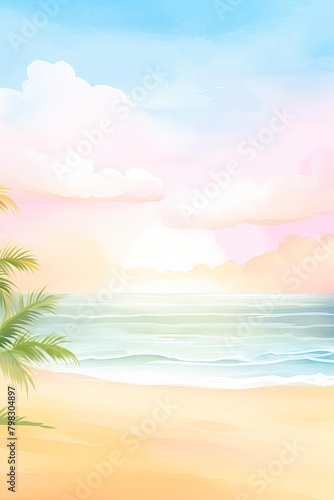 A beach scene with a palm tree and a body of water