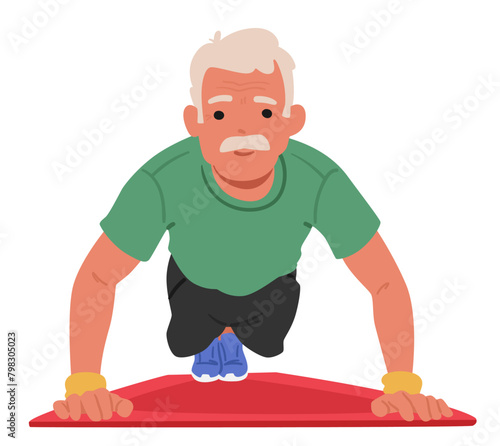 Elderly Man Practices Push-ups On A Yoga Mat, Embodying Vitality And The Pursuit Of A Healthy Lifestyle, Vector