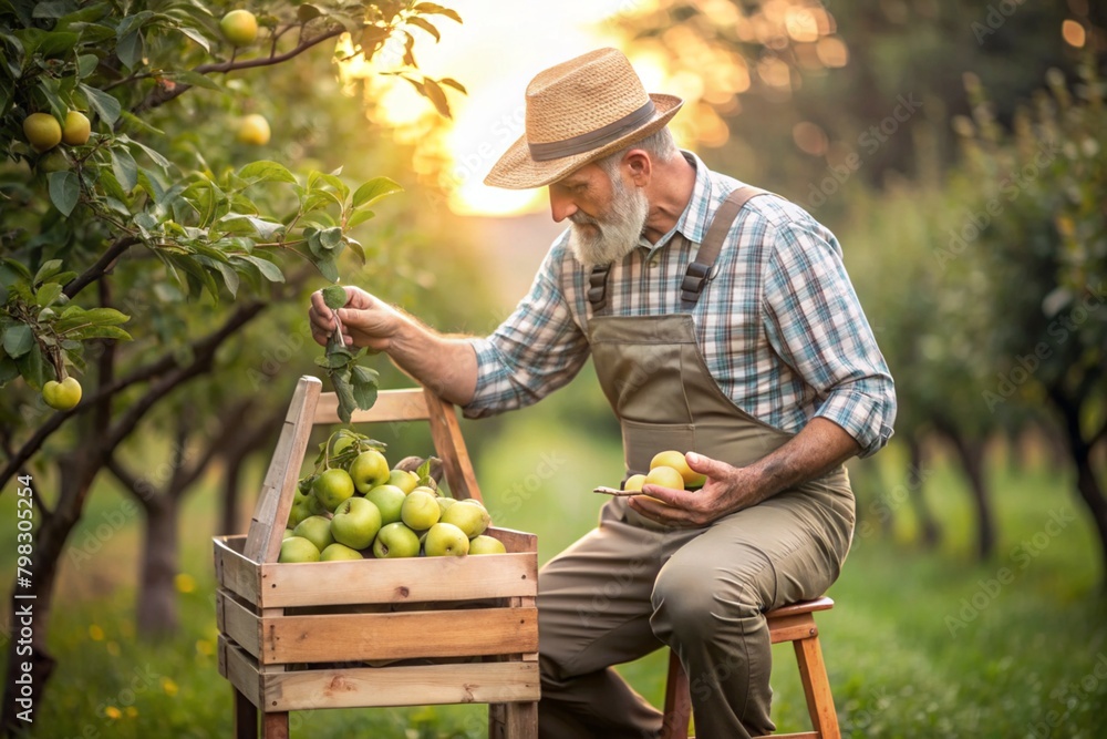 Agricultural industry. A wooden box with apples in the hands of a male farmer. The gardener is harvesting a rich harvest. Close-up, sunlight. Autumn fruit picking.