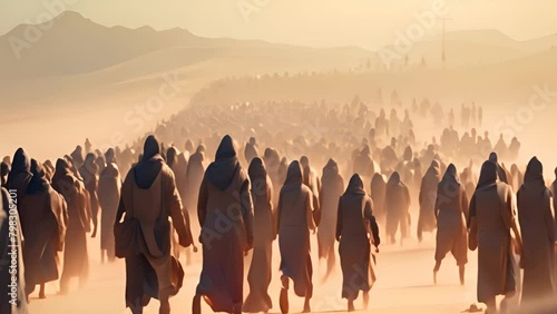 crowd of refugee and migrant escaping in desert cin photo
