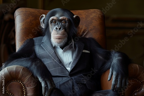 Regal Seating: Chimp in Gentleman's Suit Showcases Unique Blend of Species Traits