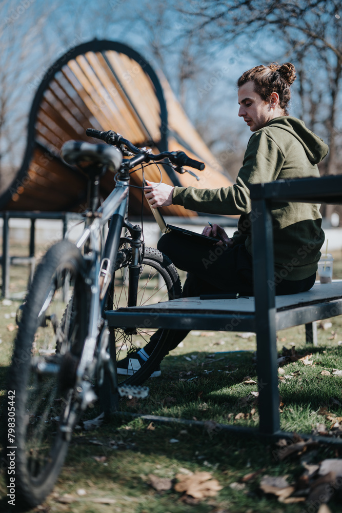 Obraz premium Casual, good looking male enjoying free time outdoors, sitting by his bike in a park, exemplifying relaxation and satisfaction on a sunny day.