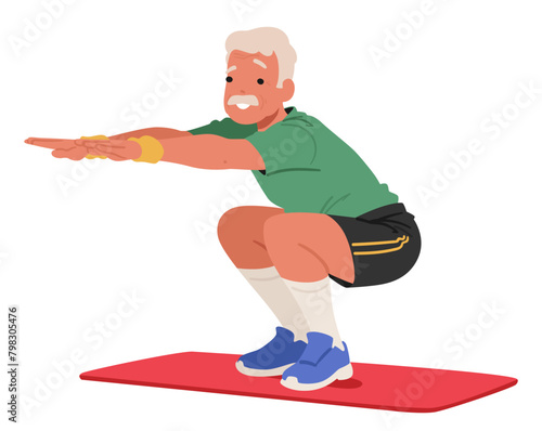 Elder Man Squatting, Embodies Active Aging, Promoting Strength, Flexibility, And Balance, Cartoon Vector Illustration
