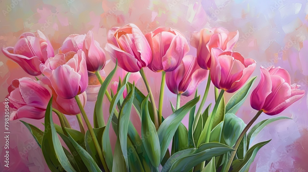 Fototapeta premium A vibrant arrangement of pink tulips set against a soft pastel backdrop