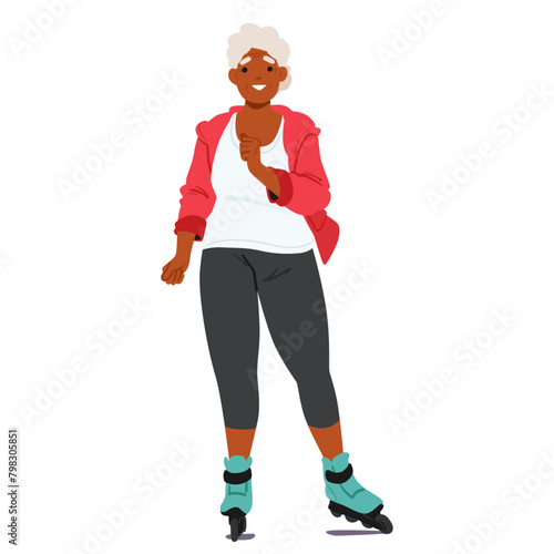 Aged Black Woman Wearing Sportswear, Rollerblading And Giving Smiling Isolated On White Background. Vector Illustration