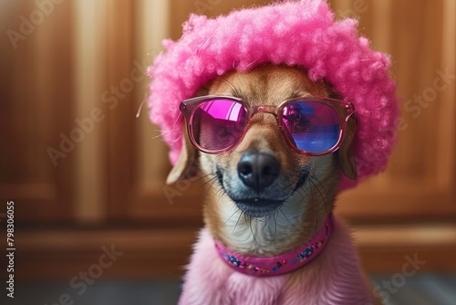 Dapper Dog's Trendy Attire: Pink Afro Wig and Sunglasses