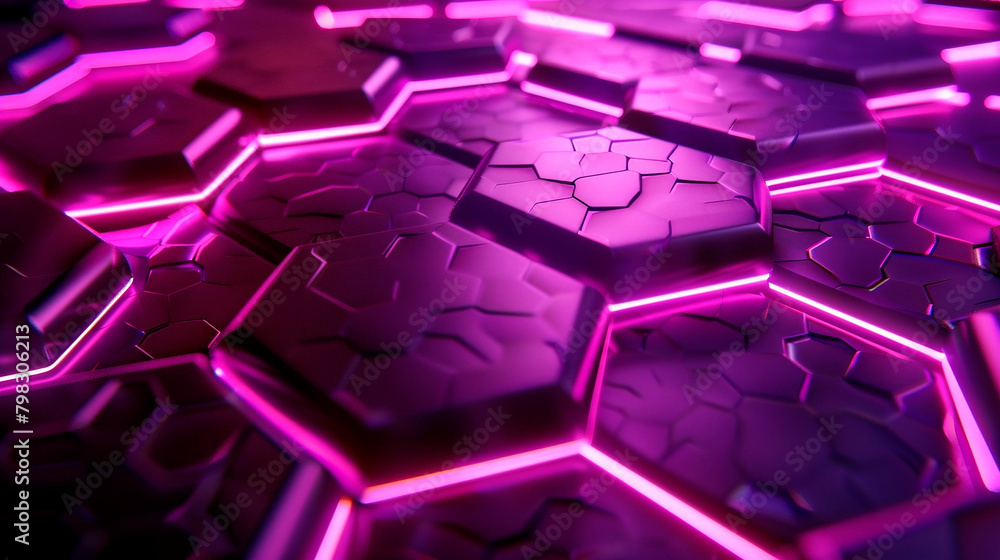 Fototapeta premium Hexagonal abstract metal background with light. Technology hexagonal background. Purple hexagon background.