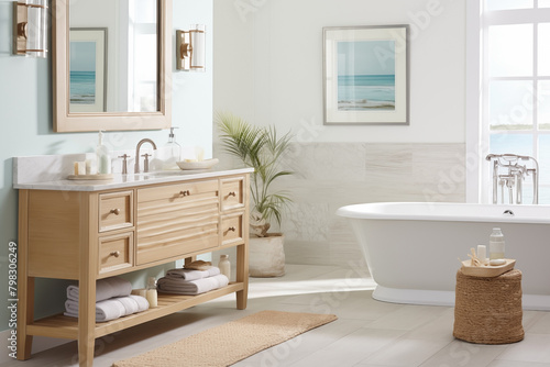 A modern coastal bathroom and nautical details provide a relaxed seaside vibe.