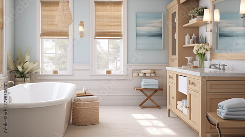 A modern coastal bathroom and nautical details provide a relaxed seaside vibe. © Jaroon