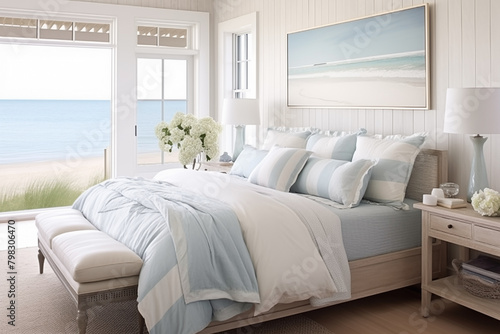 A modern coastal bedroom and nautical details provide a relaxed seaside vibe.