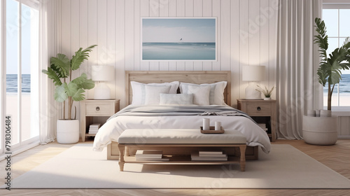 A modern coastal bedroom and nautical details provide a relaxed seaside vibe.