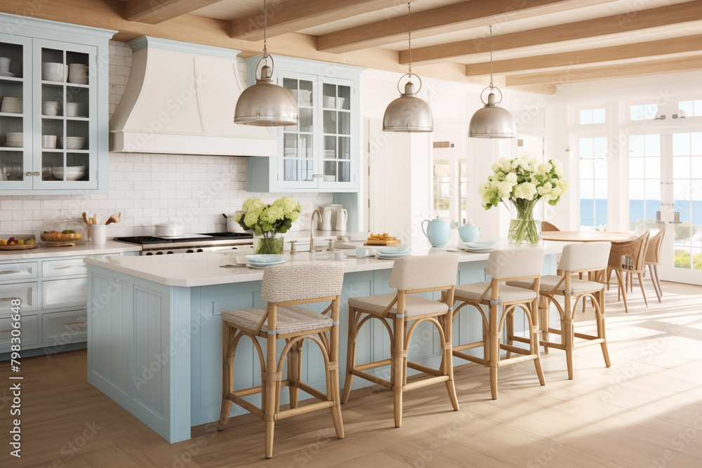 A modern coastal kitchen room and nautical details provide a relaxed seaside vibe.