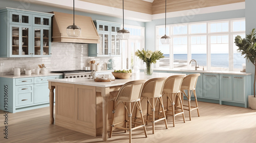 A modern coastal kitchen room and nautical details provide a relaxed seaside vibe.
